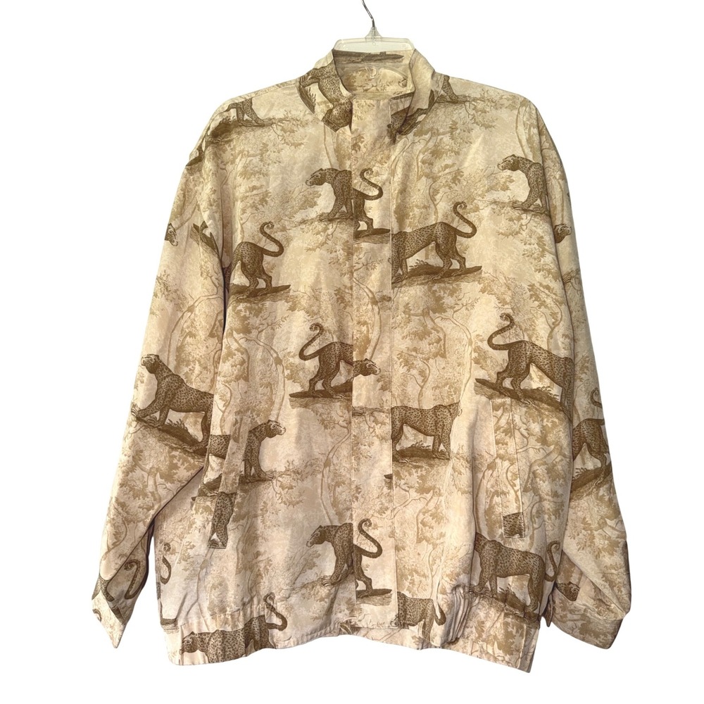 Doncaster Silk Bomber Jacket Cream Brown Leopard Toile Print Mock Neck M